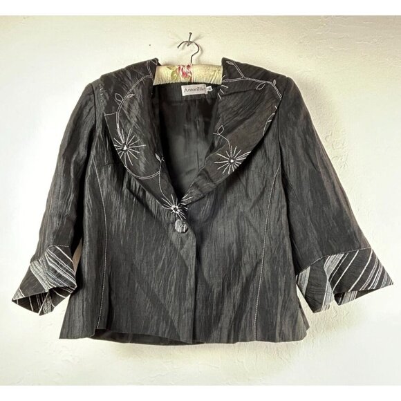 Antonelle Women's 3/4 Sleeve Embroidered Blazer Jacket Linen Blend Size 46 Black - Picture 1 of 8